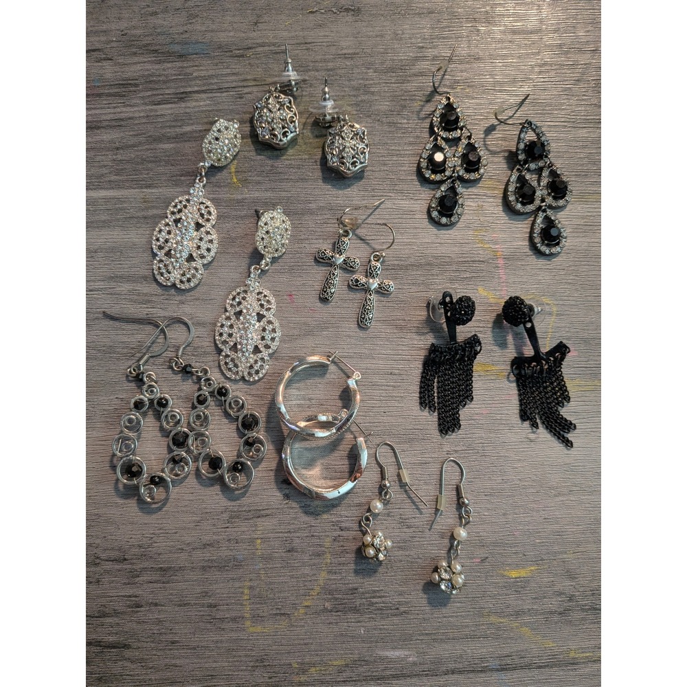 Silver Tone and Black Fashion Earring Lot 8 Pairs Cross Hoop Drop Chandelier